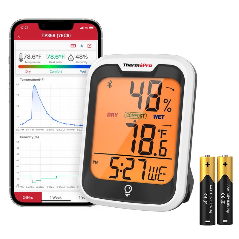 ThermoPro TP358 Bluetooth Thermometer for Room Temperature with Built-in Clock, Smart Temperature Sensor and Humidity Meter with Backlit, 260Ft Hygrometer Indoor Thermometer with Data Storage Export - Image 1