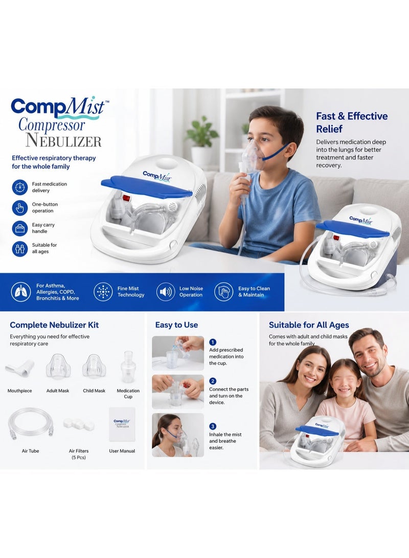 كومب ميست جهاز استنشاق بخار كومب ميست Compressor Nebulizer طبي لعلاج الربو والحساسية وضيق التنفس والتهاب الشعب الهوائية للأطفال والكبار مع توصيل دواء فعال وسريع - Image 2