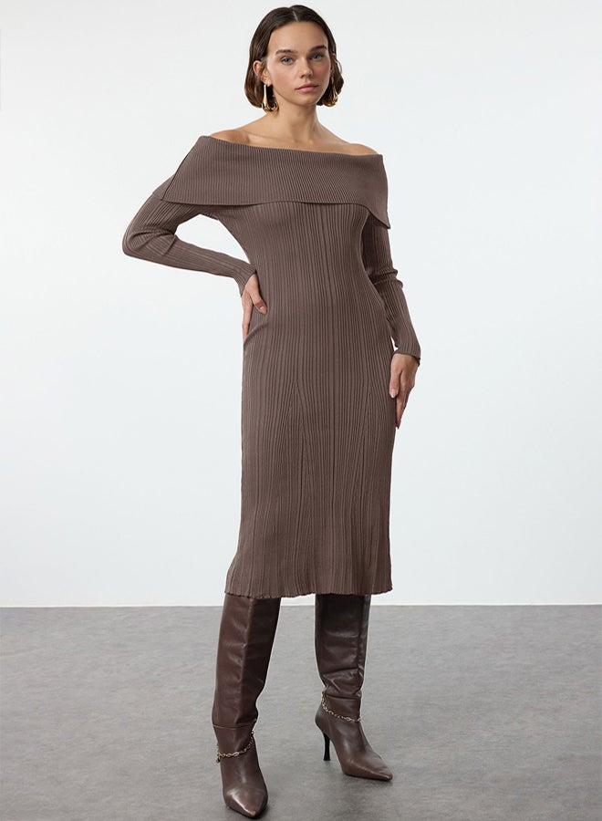 trendyol Mink Plain Midi Basic Carmen Collar Knit Dress - Image 1