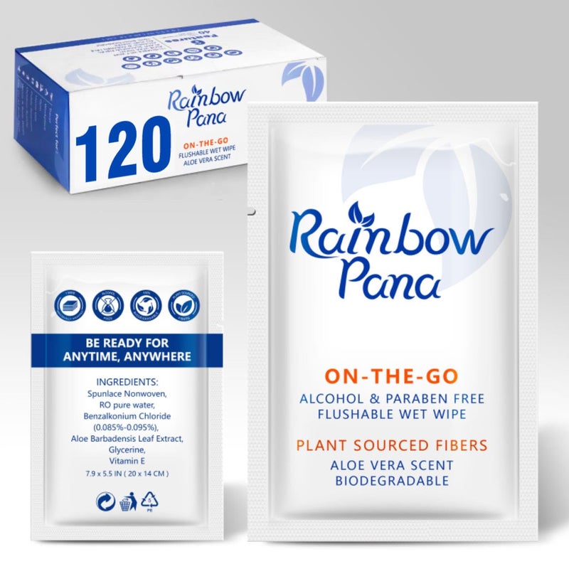 Rainbow Pana RainbowPana Flushable Wipes - 120 Count, ON-THE-GO Individually Wrapped - Travel Butt Wipes for Men and Women, Family - Infused with Vitamin E and Natural Aloe, pH Balanced, Paraben/Fragrance/Alcohol Free, 100% Plant Sourced Fibers - Cleanse and Moisturize Sensitive Skin - Upgrade Your Bathroom Experience with Biodegradable Wet Wipes - Image 1