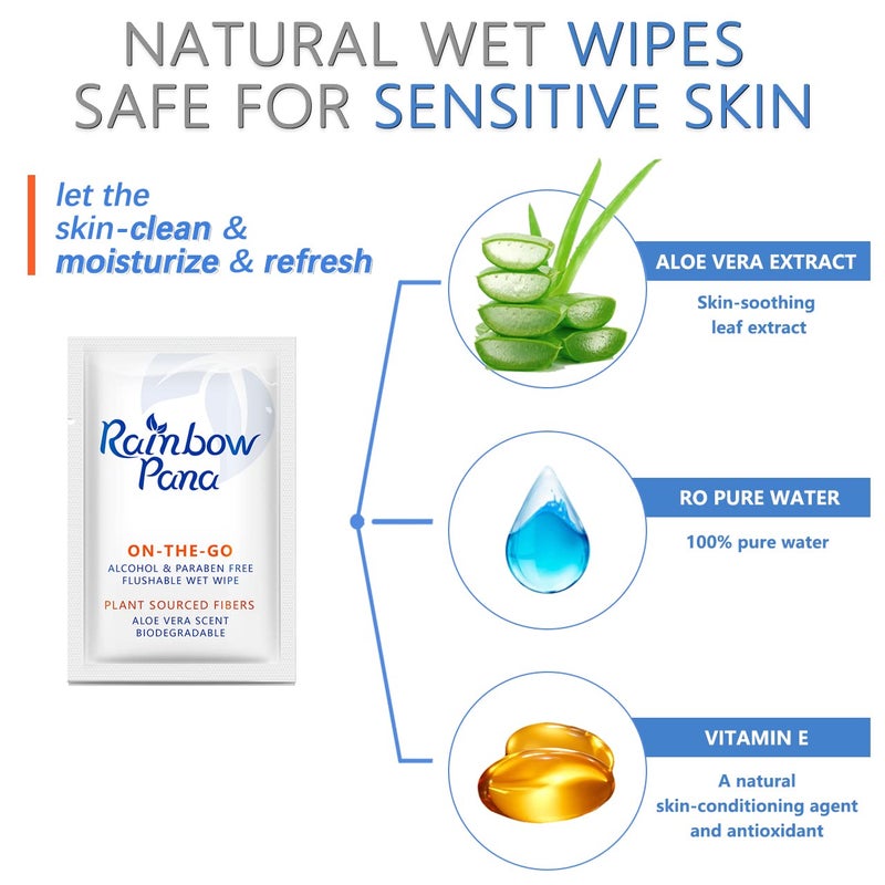 Rainbow Pana RainbowPana Flushable Wipes - 120 Count, ON-THE-GO Individually Wrapped - Travel Butt Wipes for Men and Women, Family - Infused with Vitamin E and Natural Aloe, pH Balanced, Paraben/Fragrance/Alcohol Free, 100% Plant Sourced Fibers - Cleanse and Moisturize Sensitive Skin - Upgrade Your Bathroom Experience with Biodegradable Wet Wipes - Image 3