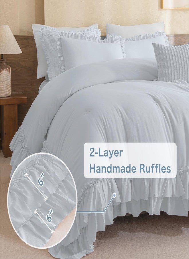 Masaca Ruffle Comforter Full Size,3 Pieces Farmhouse Shabby Boho Chic Full Bedding Set,Vintage Ruffled Rustic Light Blue Bedding Comforter Set for All Season - Image 5