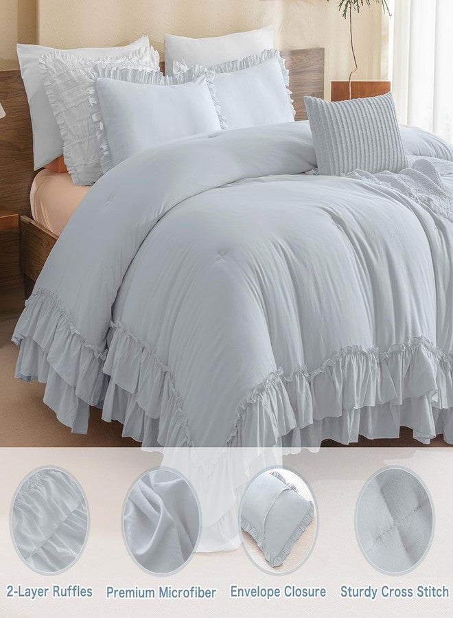 Masaca Ruffle Comforter Full Size,3 Pieces Farmhouse Shabby Boho Chic Full Bedding Set,Vintage Ruffled Rustic Light Blue Bedding Comforter Set for All Season - Image 2
