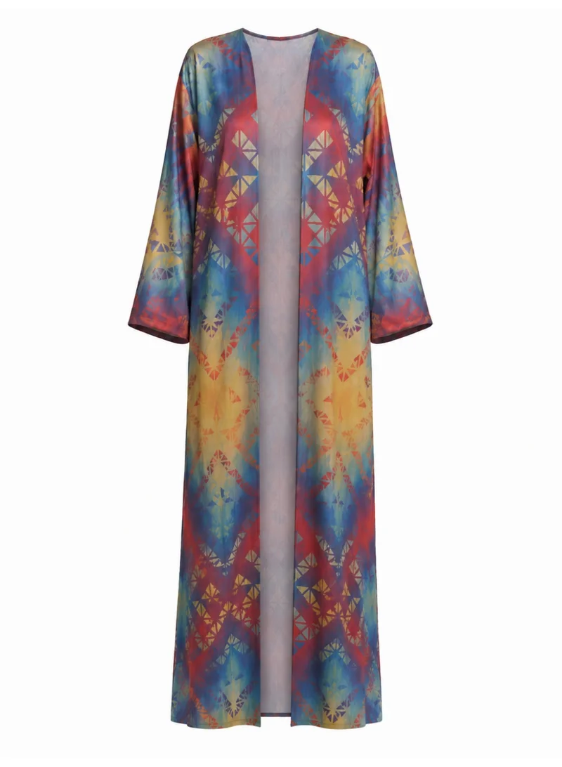 Amnad International Prism Mosaic Silk Abaya with Matching Chiffon Hijab, Jewel-Tone Geometric Print, Sizes 52-60 inches