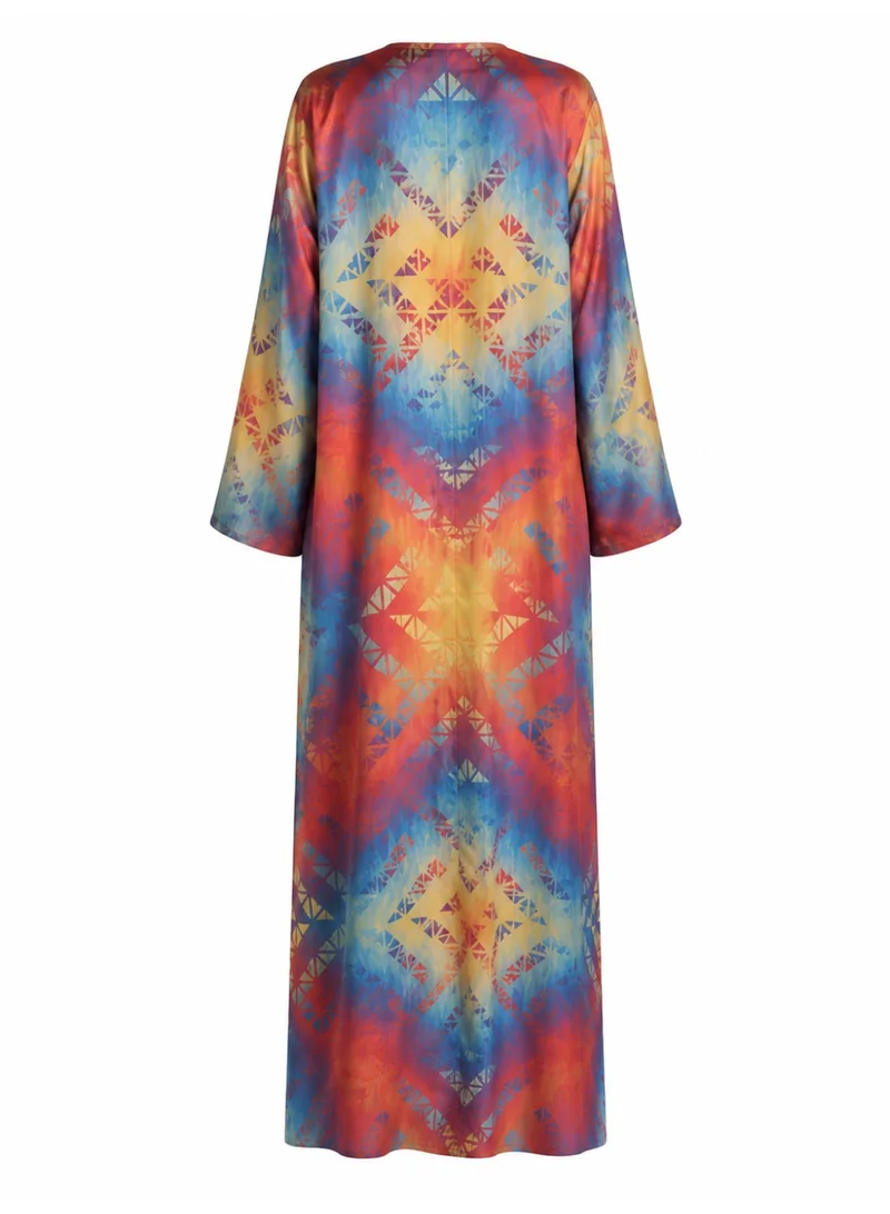 Amnad International Prism Mosaic Silk Abaya with Matching Chiffon Hijab, Jewel-Tone Geometric Print, Sizes 52-60 inches