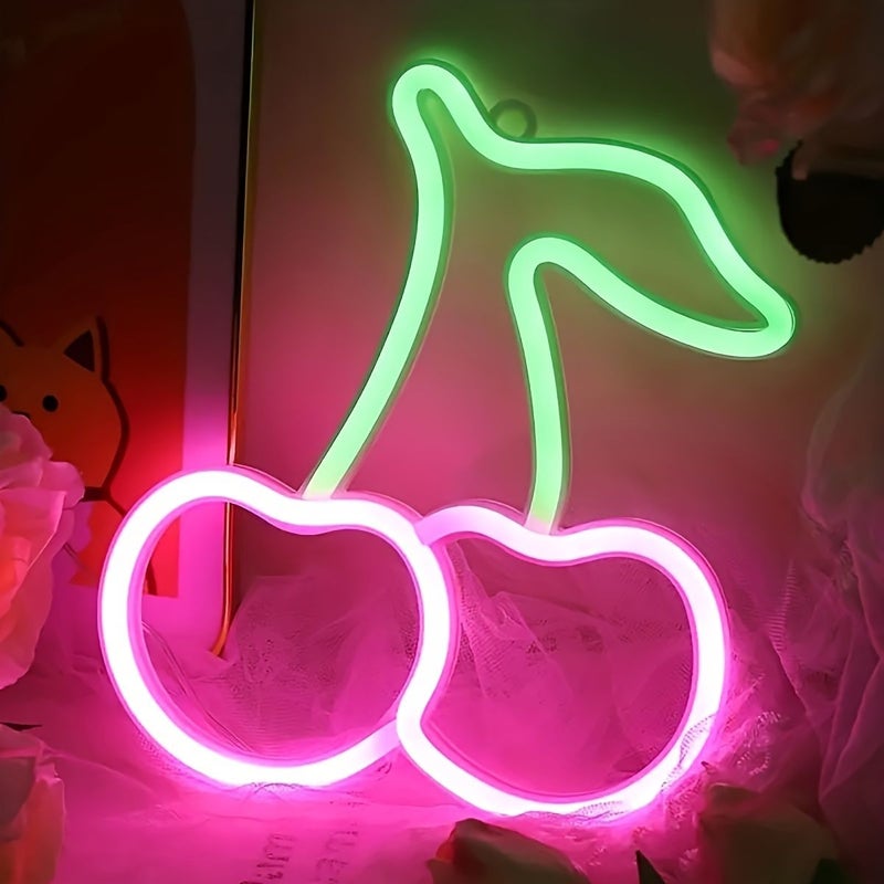 لافتة نيون LED أكريليك بزخرفة كرز أخضر ووردي، ضوء ليلي لغرفة النوم والديكور الجداري للحفلات والحانات، تعمل عبر USB أو البطارية. - Image 2