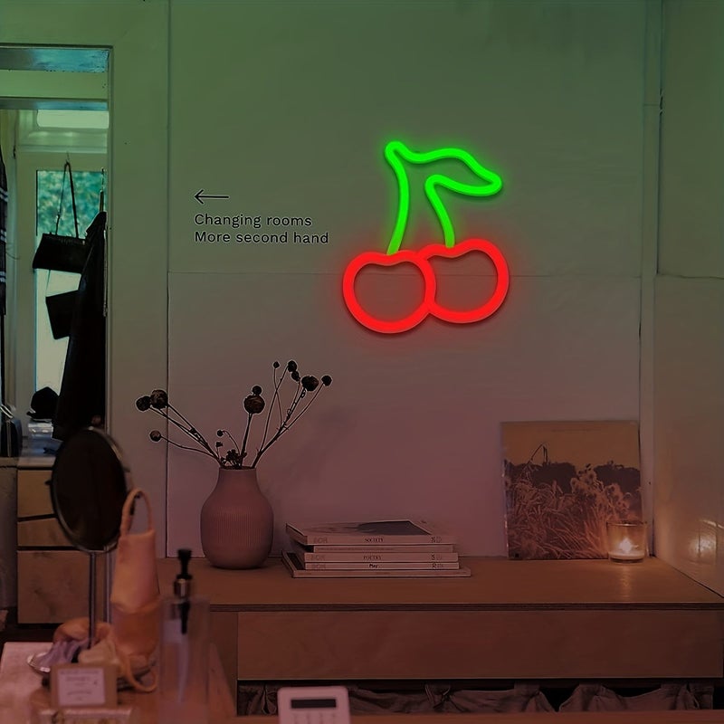 لافتة نيون LED أكريليك بزخرفة كرز أخضر ووردي، ضوء ليلي لغرفة النوم والديكور الجداري للحفلات والحانات، تعمل عبر USB أو البطارية. - Image 5