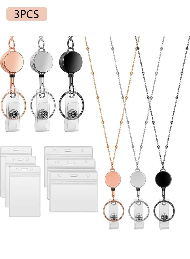 MXN 3 PCS Metal Lanyards Necklace, Retractable Badge Reel Lanyard, with 6 Waterproof  Stainless Steel Necklace Lanyards for Women (Black, Silver, Rose Gold)  - Image 1