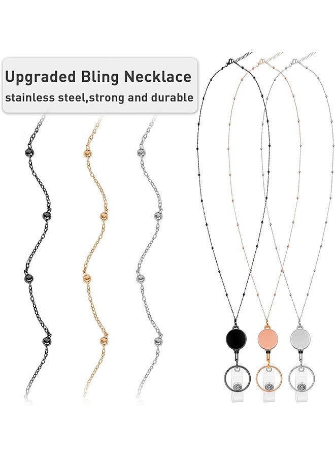 MXN 3 PCS Metal Lanyards Necklace, Retractable Badge Reel Lanyard, with 6 Waterproof  Stainless Steel Necklace Lanyards for Women (Black, Silver, Rose Gold)  - Image 4