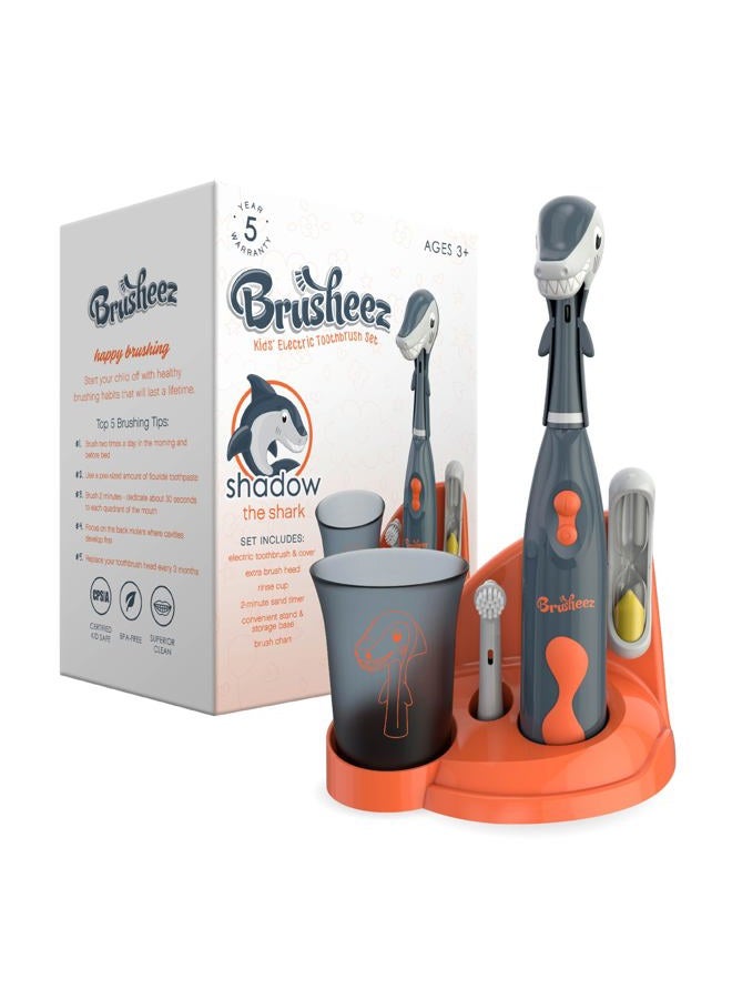 Brusheez ® Kids' Electric Toothbrush Set - Safe & Effective for Ages 3+ - Parent Tested & Approved with Gentle Bristles, 2 Brush Heads, Rinse Cup, 2-Minute Timer, & Storage Base (Shadow The Shark) - Image 1
