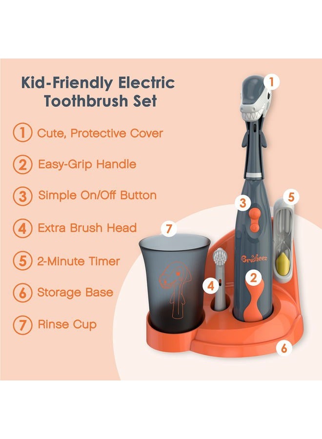 Brusheez ® Kids' Electric Toothbrush Set - Safe & Effective for Ages 3+ - Parent Tested & Approved with Gentle Bristles, 2 Brush Heads, Rinse Cup, 2-Minute Timer, & Storage Base (Shadow The Shark) - Image 3