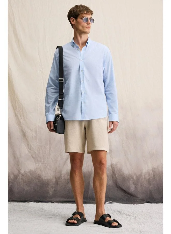 GRIMELANGE Lasse Men's Blue Shirt with Collar, Cuffs, Long Sleeves, Regular Fit, Linen Blend.