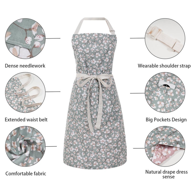 Aoomzoon Kitchen Aprons for Women with 2 Pockets,Double Sided Vintage Adjustable Apron for Gardening Cooking Arting Painting (Pink/Green) - Image 5