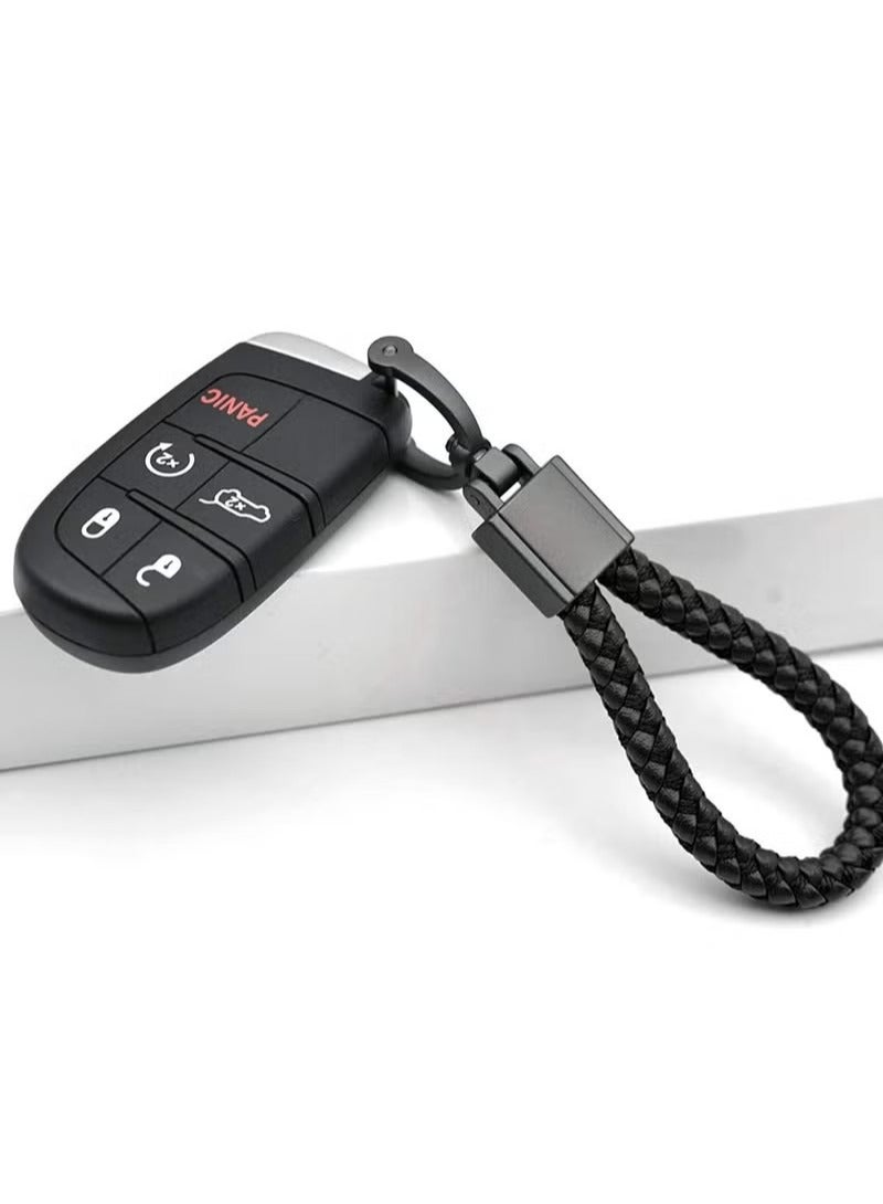 Metal Car Keychain, Universal Black Leather, Keyring Woven Strap Braided Rope Key Chain for Men and Women - Matte Color, with 360 Degree Rotatable D-Ring with Removal Tool