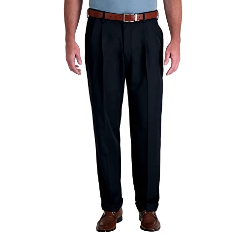 Haggar mens Mynx Gabardine Hidden Expandable Waistband Classic Fit Front Pleated dress pants, Navy, 36W x 29L US - Image 1