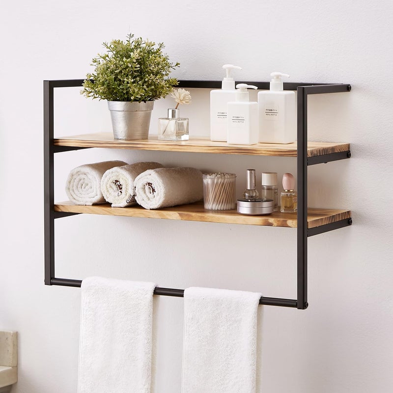 Sweet Furniture Metal Industrial 2 Tier Bathroom Shelves Wall Mounted,24" Bathroom Shelf with Towel Bar,Wall Shelf Towel Rack Over Toilet,Floating Shelves Towel Holder,Solid Wood Shelves with Metal Frame,Black - Image 1
