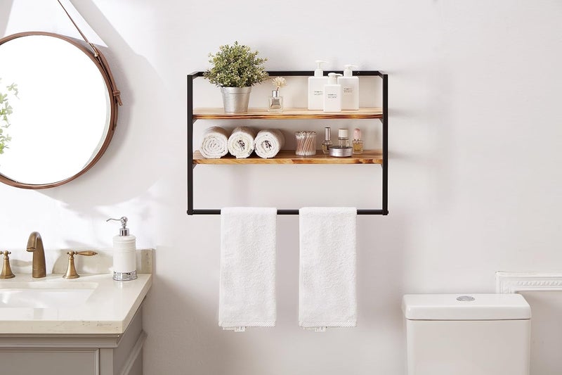 Sweet Furniture Metal Industrial 2 Tier Bathroom Shelves Wall Mounted,24" Bathroom Shelf with Towel Bar,Wall Shelf Towel Rack Over Toilet,Floating Shelves Towel Holder,Solid Wood Shelves with Metal Frame,Black - Image 4