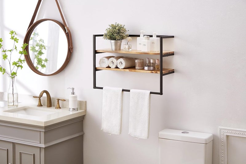 Sweet Furniture Metal Industrial 2 Tier Bathroom Shelves Wall Mounted,24" Bathroom Shelf with Towel Bar,Wall Shelf Towel Rack Over Toilet,Floating Shelves Towel Holder,Solid Wood Shelves with Metal Frame,Black - Image 3
