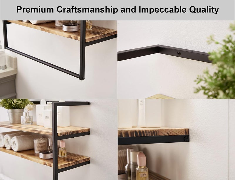 Sweet Furniture Metal Industrial 2 Tier Bathroom Shelves Wall Mounted,24" Bathroom Shelf with Towel Bar,Wall Shelf Towel Rack Over Toilet,Floating Shelves Towel Holder,Solid Wood Shelves with Metal Frame,Black - Image 5