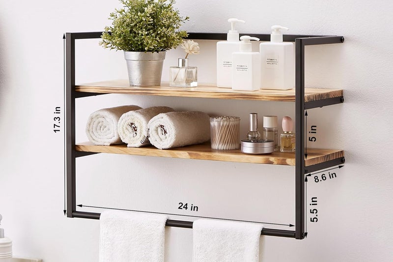 Sweet Furniture Metal Industrial 2 Tier Bathroom Shelves Wall Mounted,24" Bathroom Shelf with Towel Bar,Wall Shelf Towel Rack Over Toilet,Floating Shelves Towel Holder,Solid Wood Shelves with Metal Frame,Black - Image 2