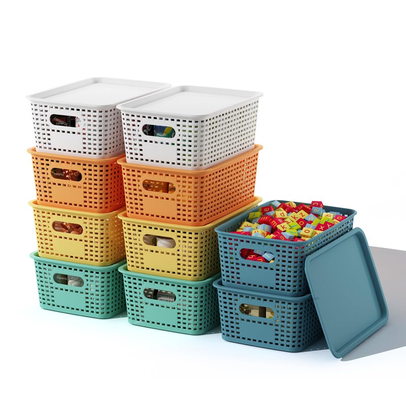 ORGIDOL Plastic Storage Basket with Lids 10 Pack Stackable Colorful Storage Bins Containers with Lid, Decorative Storage Boxes for Organizing Shelves, Drawers, Playroom, Classroom, Office, Closet - Image 1