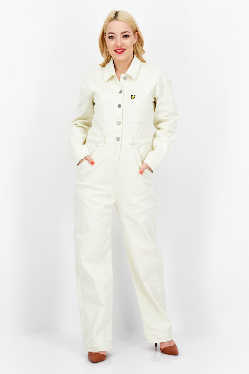 Lyle & Scott Women Brand Logo Long Sleeve Denim Jumpsuit, White  - Image 1
