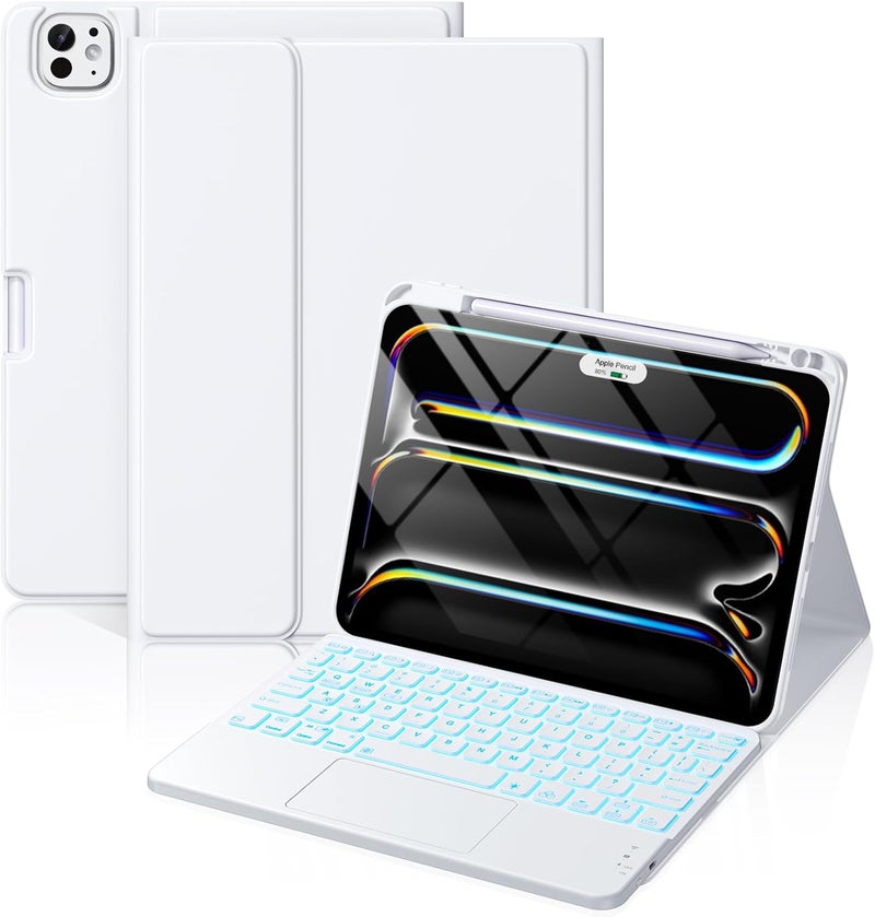 حقيبة لوحة مفاتيح لجهاز iPad Pro مقاس 11 بوصة - قابلة للفصل، لاسلكية ومغناطيسية، مع لوحة لمس متعددة اللمس، إضاءة خلفية بـ7 ألوان، غطاء مقاوم للبقع باللون الأبيض - Image 2