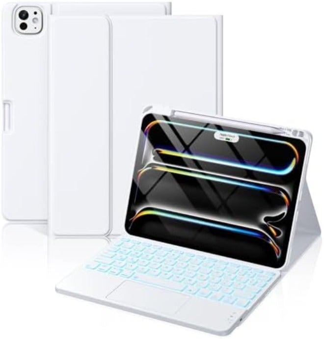 حقيبة لوحة مفاتيح لجهاز iPad Pro مقاس 11 بوصة - قابلة للفصل، لاسلكية ومغناطيسية، مع لوحة لمس متعددة اللمس، إضاءة خلفية بـ7 ألوان، غطاء مقاوم للبقع باللون الأبيض - Image 3