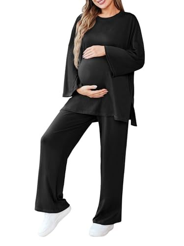 FMEYOA Maternity Women's 2 Pieces Soft Nursing Pajamas Set Postpartum Sleepwear for Breastfeeding with Pockets Black XL - Image 1