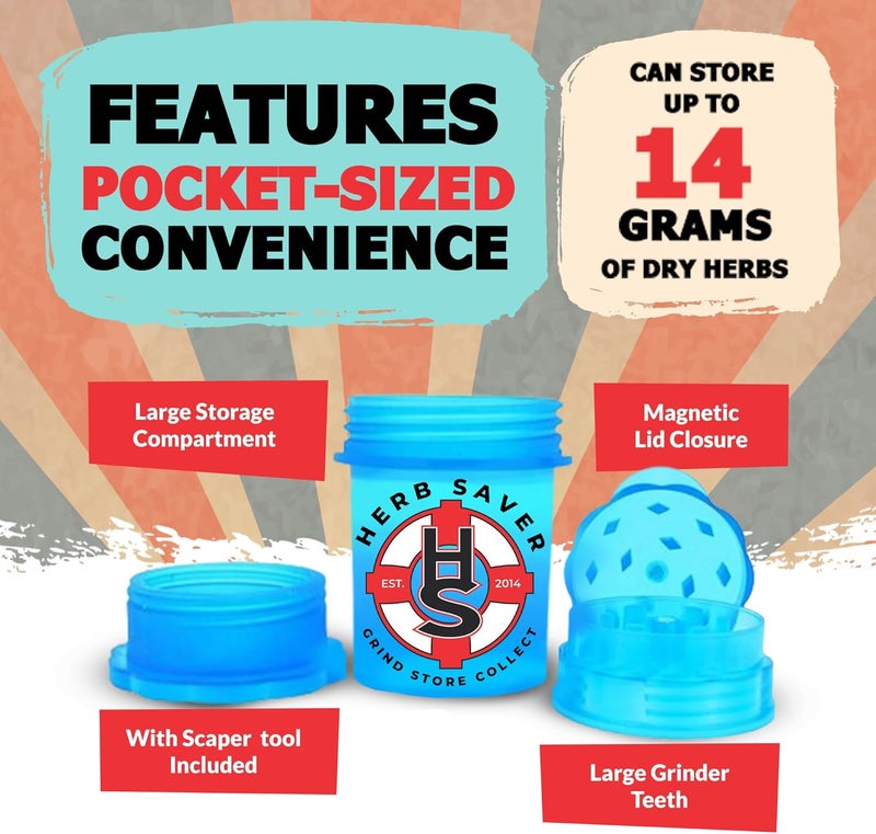 HS مطحنة الأعشاب الكبيرة - مطحنة بلاستيكية طبية مع أسنان حادة كالشفرات، بحجم الجيب، متينة وقابلة للنقل - مثالية لطحن الأعشاب والتوابل (أزرق فاتح) - Image 3