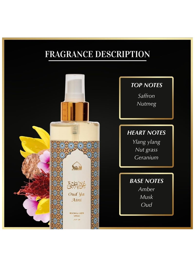 Dukhni Oud Ya Aini Attar Al Faraash | 250ml Non Alcoholic Spray | Arabic Natural Mist | Air Freshener, Room Mist, Fabric & Linen Spray | Perfect for Prayer mats, beds, sofas, curtains | Halal - Image 3