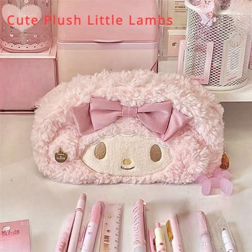 Vobomo Cute Bow Lamb Large Capacity Pencil Case Plush Pen Holder Sweety Pencil Pouch Box Cute Aesthetic Pen Case (Strawberry pink) - Image 2