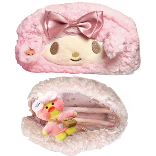 Vobomo Cute Bow Lamb Large Capacity Pencil Case Plush Pen Holder Sweety Pencil Pouch Box Cute Aesthetic Pen Case (Strawberry pink) - Image 1