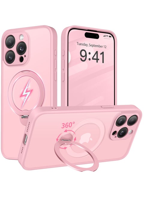جراب هاتف مغناطيسي لجهاز iPhone 16 Pro Max بتصميم حامل غير مرئي دوار بزاوية 360°، هيكل كامل مقاوم للصدمات والسقوط، جراب حماية شفاف عالي المتانة، متوافق تمامًا مع MagSafe، باللون الوردي.