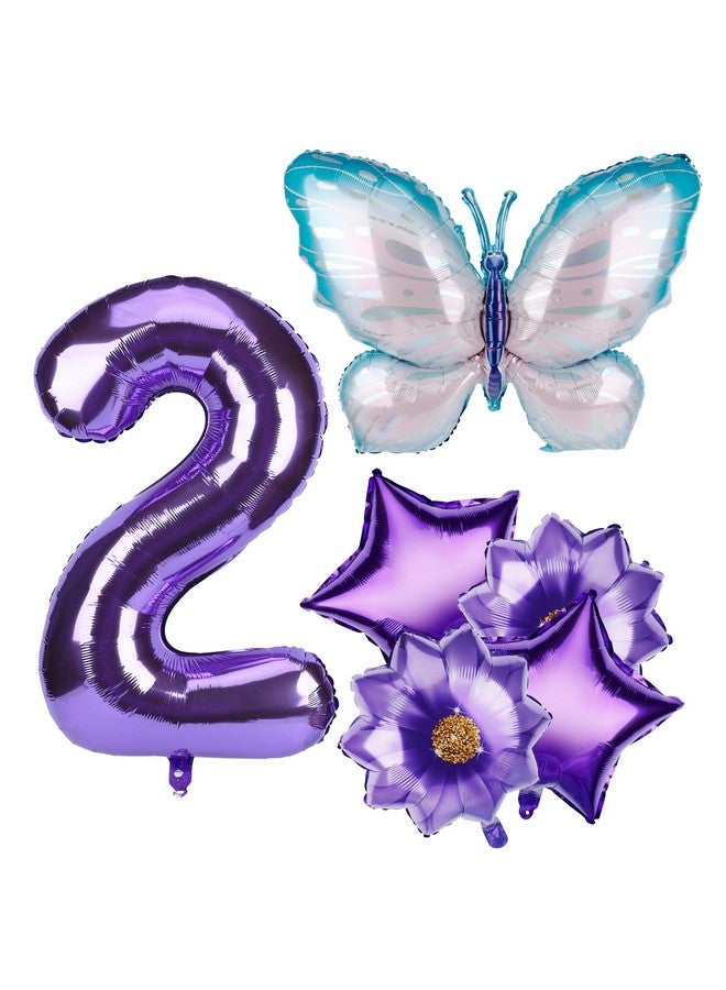 PEUTIER 6Pcs Butterfly Balloon Birthday Decorations Set, Large 40 Inch Aluminum Foil Number Purple Butterfly Balloon with Flower and Star Shaped Balloons for Birthday Party Anniversary Graduation (2)  - Image 1