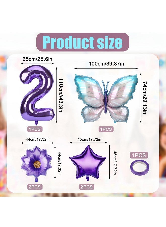 PEUTIER 6Pcs Butterfly Balloon Birthday Decorations Set, Large 40 Inch Aluminum Foil Number Purple Butterfly Balloon with Flower and Star Shaped Balloons for Birthday Party Anniversary Graduation (2)  - Image 2