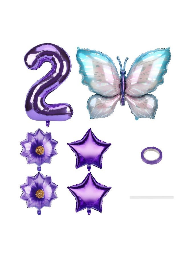 PEUTIER 6Pcs Butterfly Balloon Birthday Decorations Set, Large 40 Inch Aluminum Foil Number Purple Butterfly Balloon with Flower and Star Shaped Balloons for Birthday Party Anniversary Graduation (2)  - Image 3