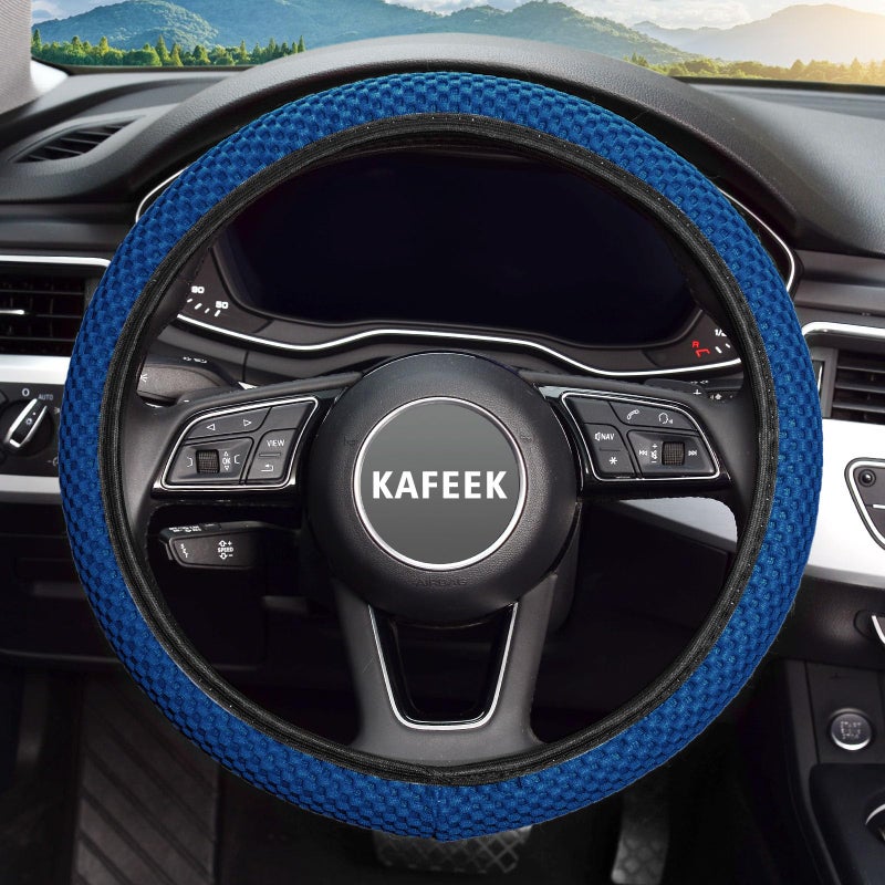 KAFEEK Elastic Stretch Steering Wheel Cover 15 Inch, Breathable Ice Silk Microfiber, Non-Slip Grip, Warm in Winter and Cool in Summer, Odorless, Car Accessories Fit Cars, SUVs, Light Blue - Image 2
