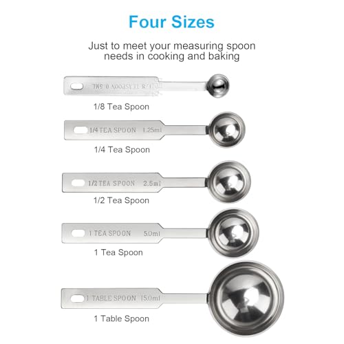 OstWony 5PCS OstWony Measuring Spoons Set, Includes 1/8 tsp, 1/4 tsp, 1/2 tsp, 1 tsp, 1 tbsp, Food Grade Stainless Steel measuring cups, Tablespoon and Teaspoon for Measure - Image 2