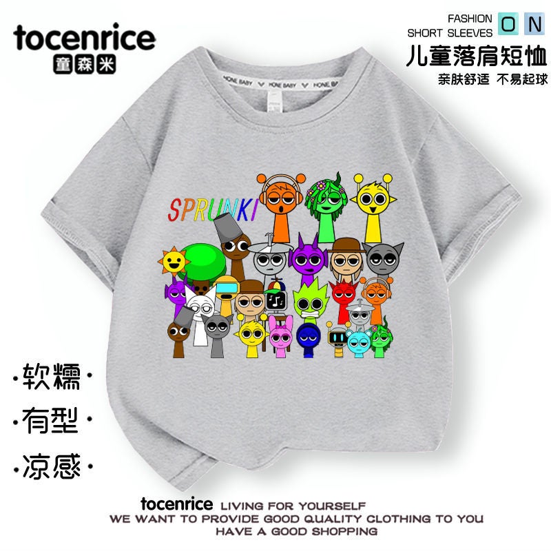 Sprunki Rhythm Box Clothes Kidsren'S Short-Sleeved T-Shirt For Boys And Girls Pure Cotton Loose Round Neck Top - Image 1