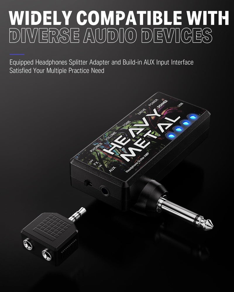 Donner Guitar Headphone Amp Heavy Metal USB Rechargeable Mini Pocket Headphone Amplifier for Electric Guitar - Image 4