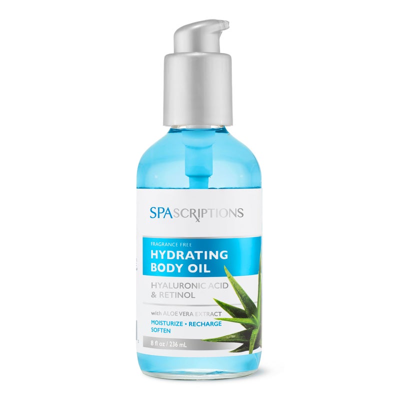SpaScriptions Fragrance Free Hydrating Body Oil with Hyaluronic Acid & Retinol, Cruelty-Free, Nourishing, Spa-Like Treatment with Aloe Vera Extract to Moisturize Recharge & Soften, 8 oz.