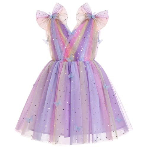 IMEKIS Butterfly Dress for Girl: 5th 6th Birthday Outfit Cake Smash Baby Flower Wedding Guest Kids Toddler Graduation Princess Sparkle Stars Tulle Tea Party Formal Dress Rainbow Purple 5-6 Years - Image 1