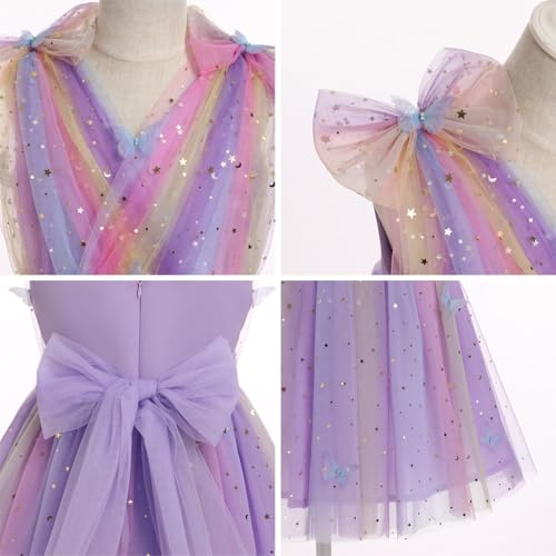 IMEKIS Butterfly Dress for Girl: 5th 6th Birthday Outfit Cake Smash Baby Flower Wedding Guest Kids Toddler Graduation Princess Sparkle Stars Tulle Tea Party Formal Dress Rainbow Purple 5-6 Years - Image 4