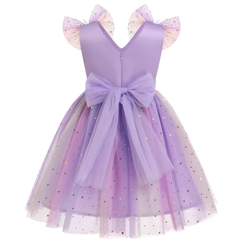 IMEKIS Butterfly Dress for Girl: 5th 6th Birthday Outfit Cake Smash Baby Flower Wedding Guest Kids Toddler Graduation Princess Sparkle Stars Tulle Tea Party Formal Dress Rainbow Purple 5-6 Years - Image 2