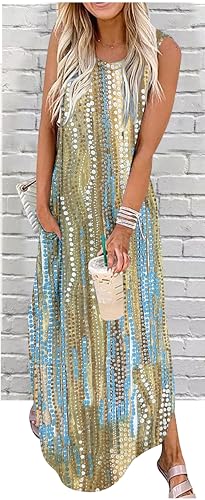 CHUNTIANRAN Women's Floral Boho Summer Dresses Casual Loose Sundress Long Dresses Striped Sleeveless Beach Maxi Dresses with Pockets(Small,Dot Multicolor3) - Image 2