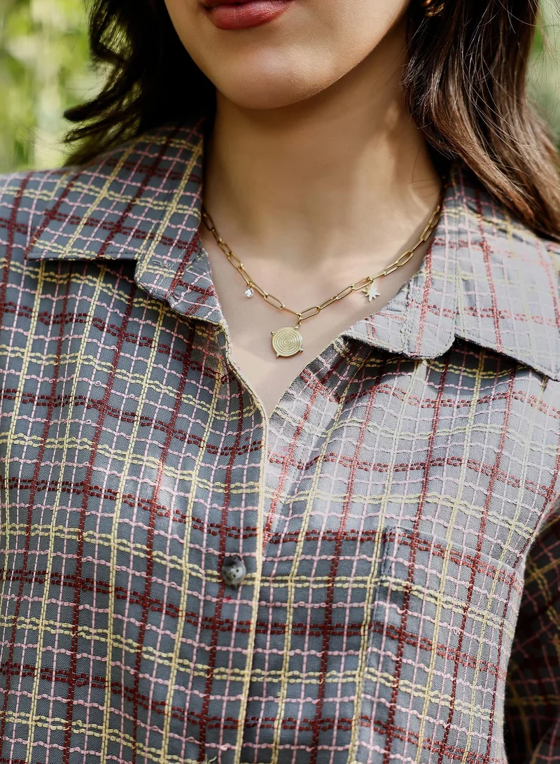 PINACOLADA Women's Woven Contrast-Check Oversized Shirt | Spread Collar , Long Button-Cuff Sleeves, Button Closure | Checks Jacquard Woven Shirt For Casual & Daily Wear | Coin Grey:Crimson Red