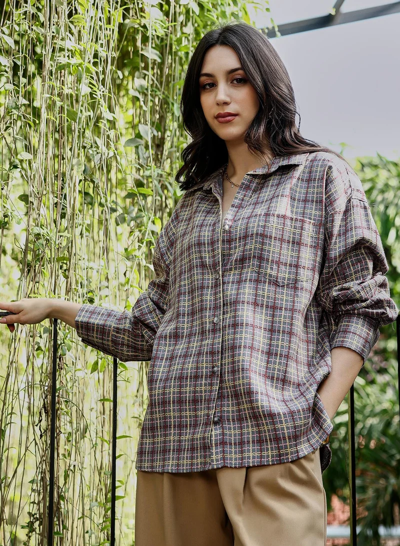 PINACOLADA Women's Woven Contrast-Check Oversized Shirt | Spread Collar , Long Button-Cuff Sleeves, Button Closure | Checks Jacquard Woven Shirt For Casual & Daily Wear | Coin Grey:Crimson Red