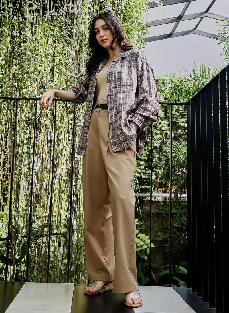 PINACOLADA Women's Woven Contrast-Check Oversized Shirt | Spread Collar , Long Button-Cuff Sleeves, Button Closure | Checks Jacquard Woven Shirt For Casual & Daily Wear | Coin Grey:Crimson Red