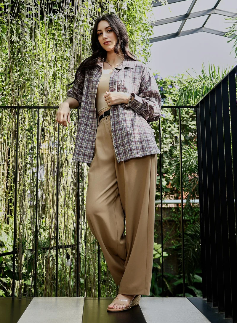 PINACOLADA Women's Woven Contrast-Check Oversized Shirt | Spread Collar , Long Button-Cuff Sleeves, Button Closure | Checks Jacquard Woven Shirt For Casual & Daily Wear | Coin Grey:Crimson Red